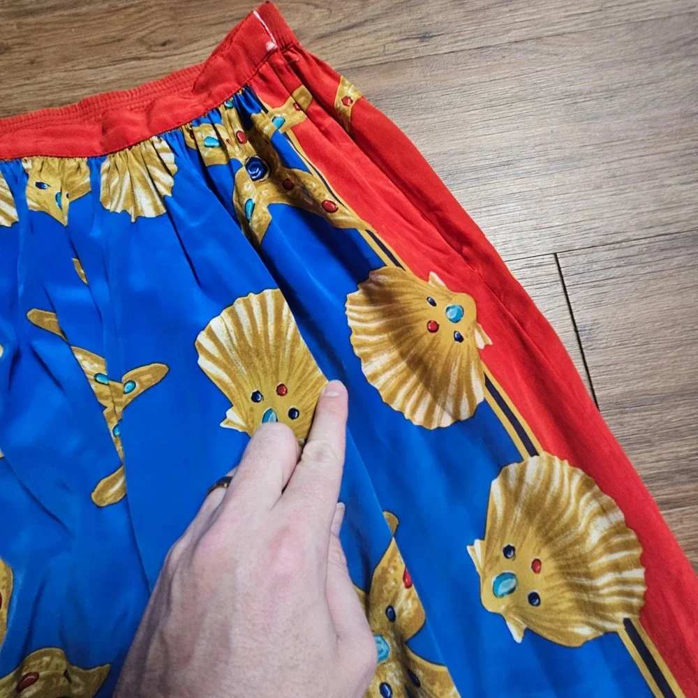 Vintage Anne Crimmins Silk Sea Shell Starfish Print Midi Skirt 27 Mermaidcore‎